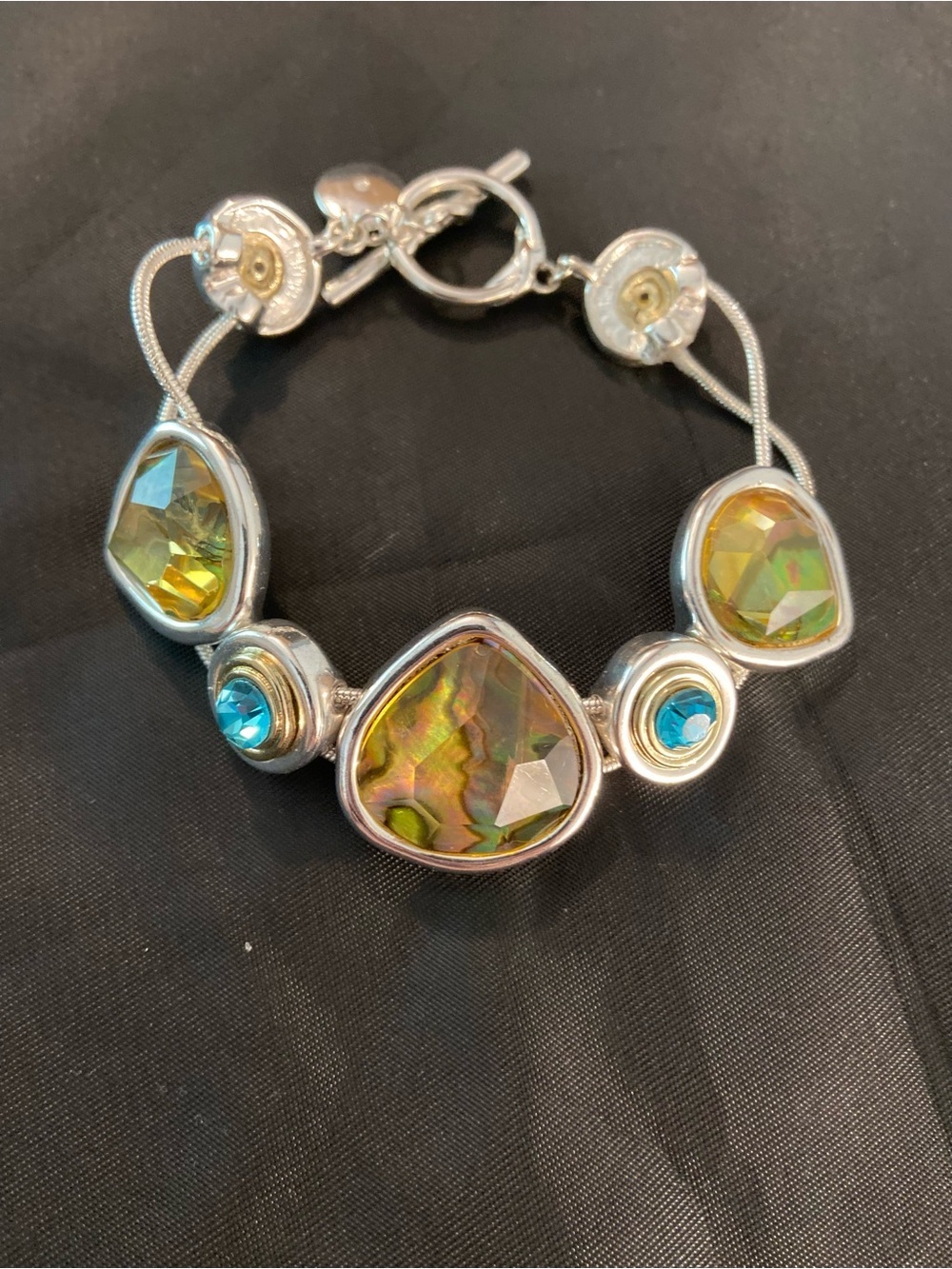 Jones New York Abalone Style Bracelet Aqua Crystal Silver Tone Toggle Bracelet